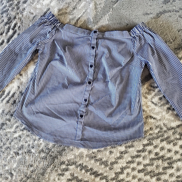 Express Tops - Express Off-the-Shoulder Blue and White Striped